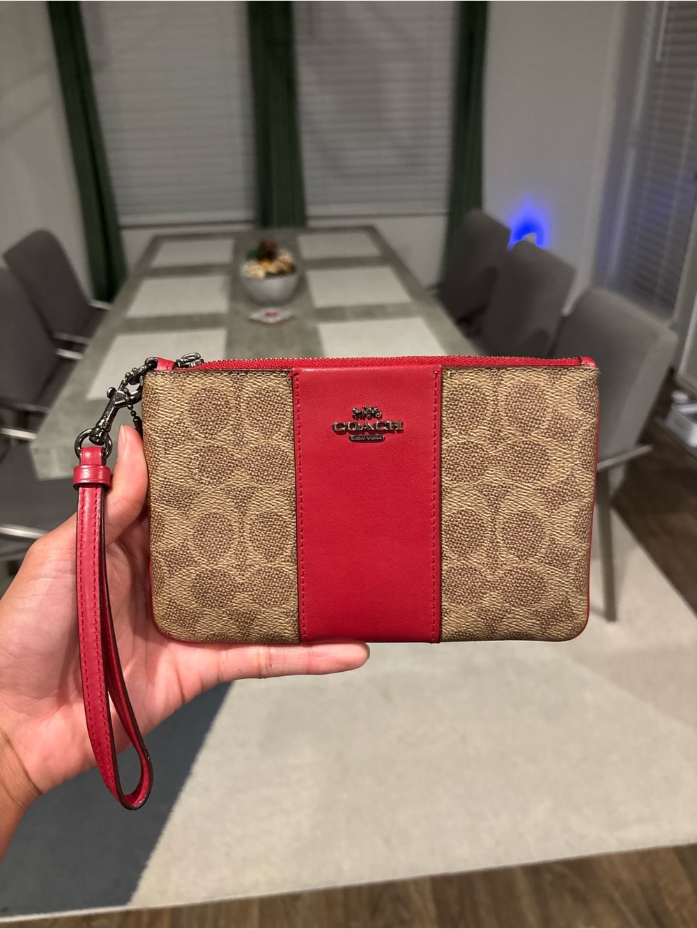 Coach Small Signature Canvas Wristlet in Brown and Red